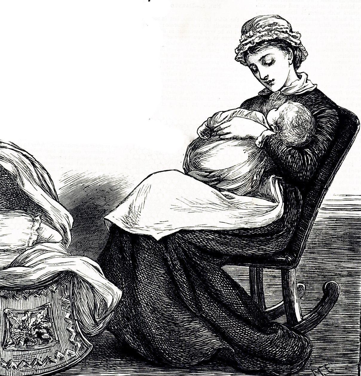 En gravering som viser en mor som vugger babyen sin. Illustrert Mary Ellen Edwards (1838-1934), en engelsk kunstner og produktiv illustratør av barnebøker av Mary Ellen Edwards