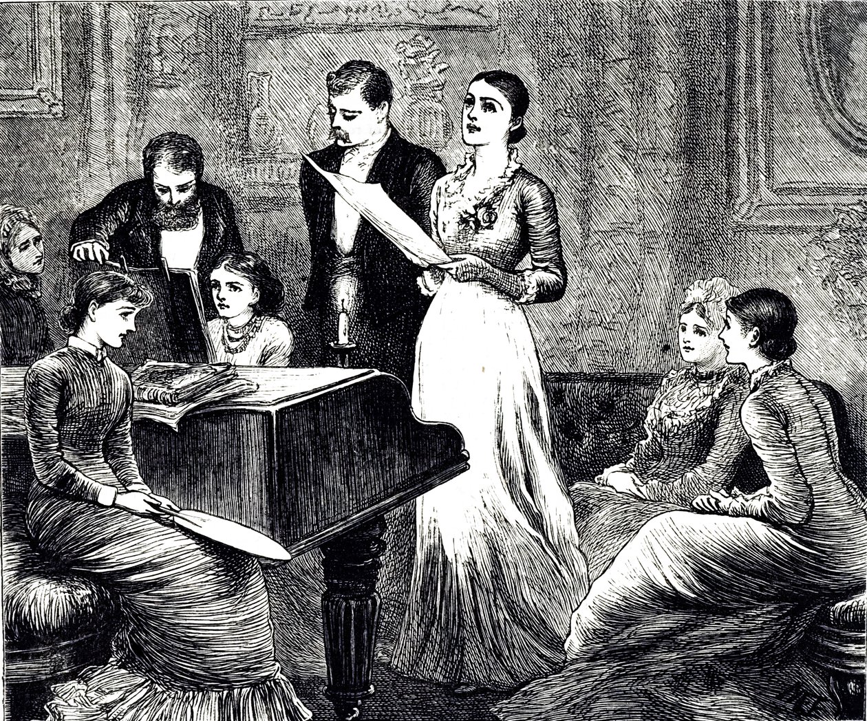 En gravering som viser en musikalsk kveld. Illustrert av Mary Ellen Edwards (1838-1934), en engelsk kunstner og illustratør av barnebøker av Mary Ellen Edwards