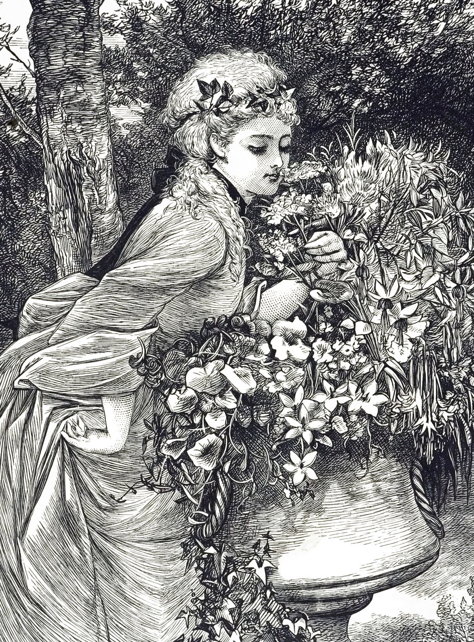 En gravering som viser en ung jente som lukter blomster plassert i en hageurne. Illustrert av Mary Ellen Edwards (1838-1934), en engelsk kunstner og illustratør av barnebøker av Mary Ellen Edwards