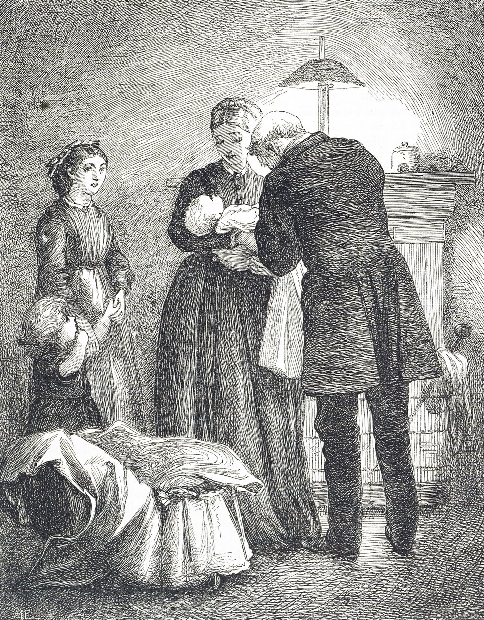 Gravering som viser en lege som undersøker en baby med meslinger av Mary Ellen Edwards