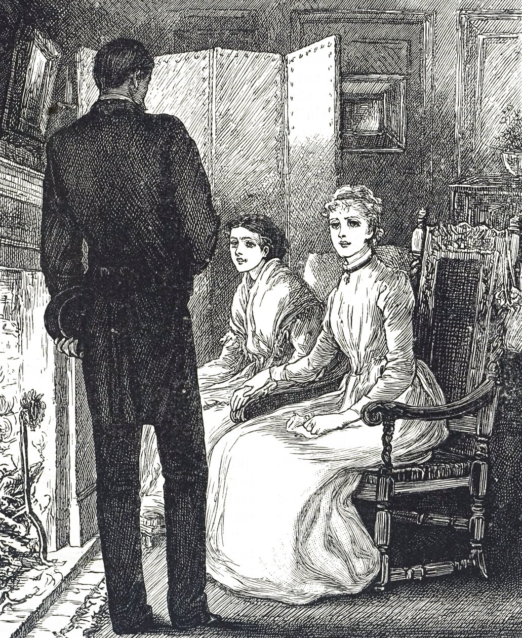 Gravering som viser to kvinner som holder varmen ved siden av peisen av Mary Ellen Edwards