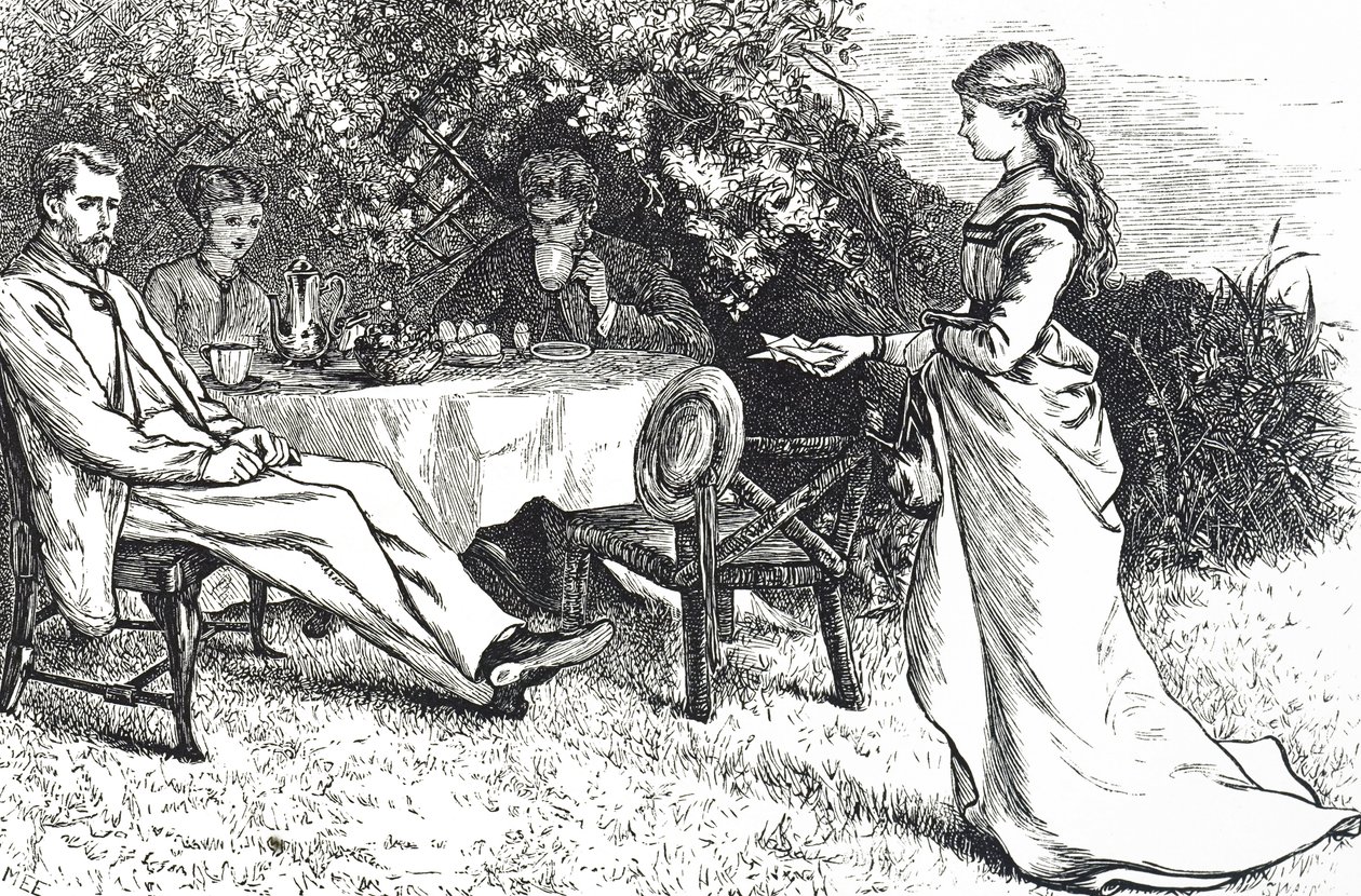 Illustrasjon som viser en familie som spiser frokost i hagen av Mary Ellen Edwards
