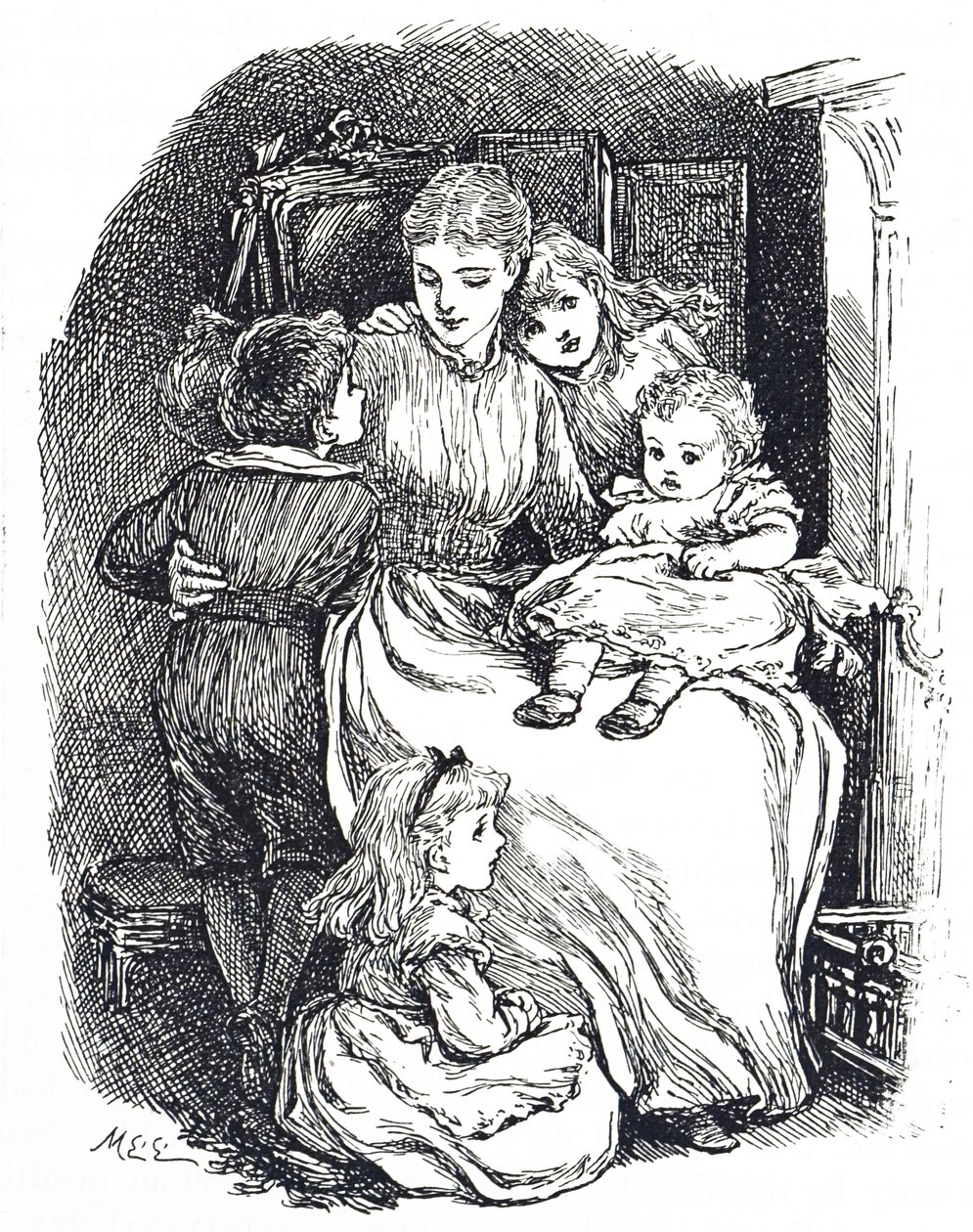 Illustrasjon som viser en mor med barna sine av Mary Ellen Edwards