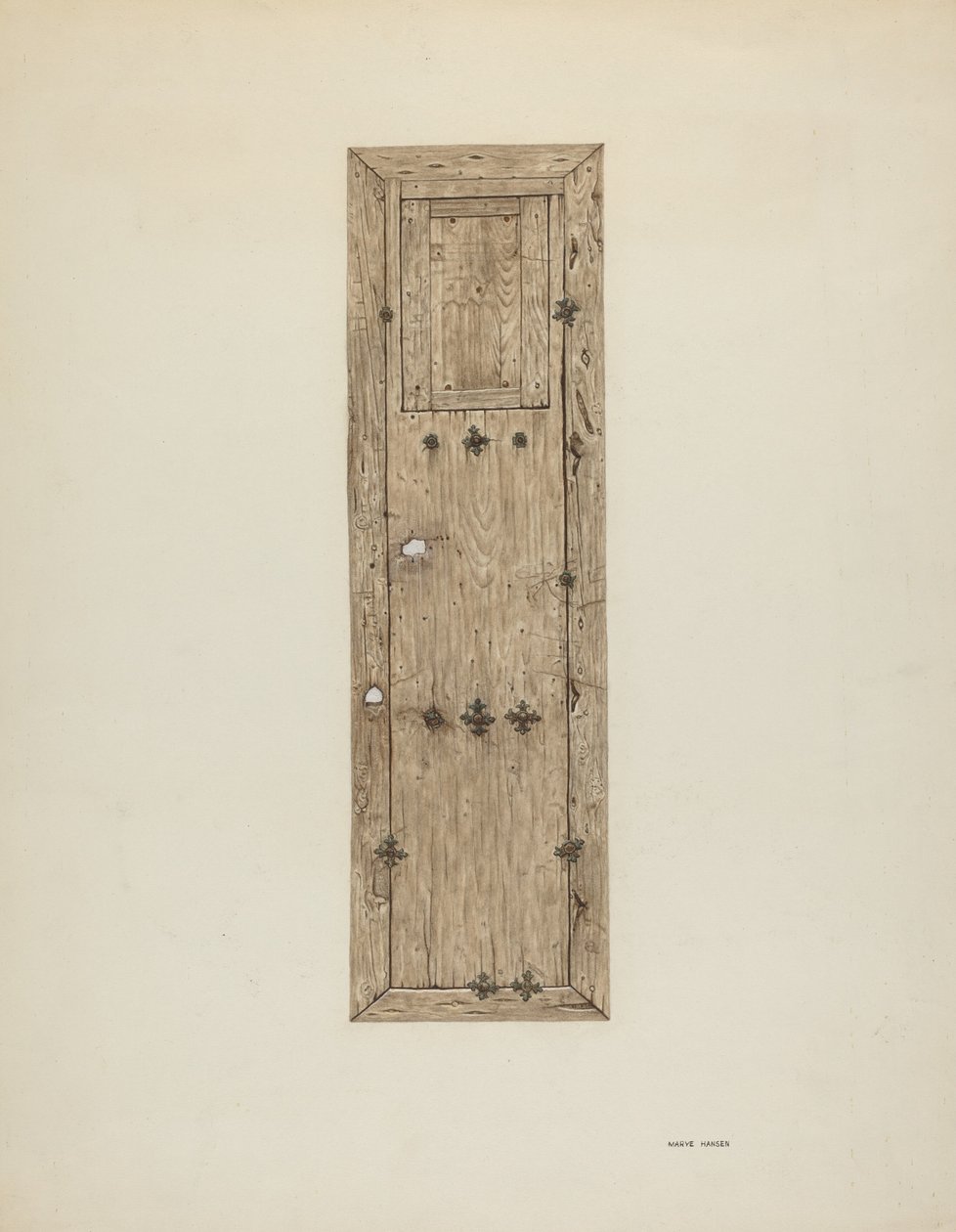 Kobberbesatt dør en av et par, ca. 1939. av Mary Hansen
