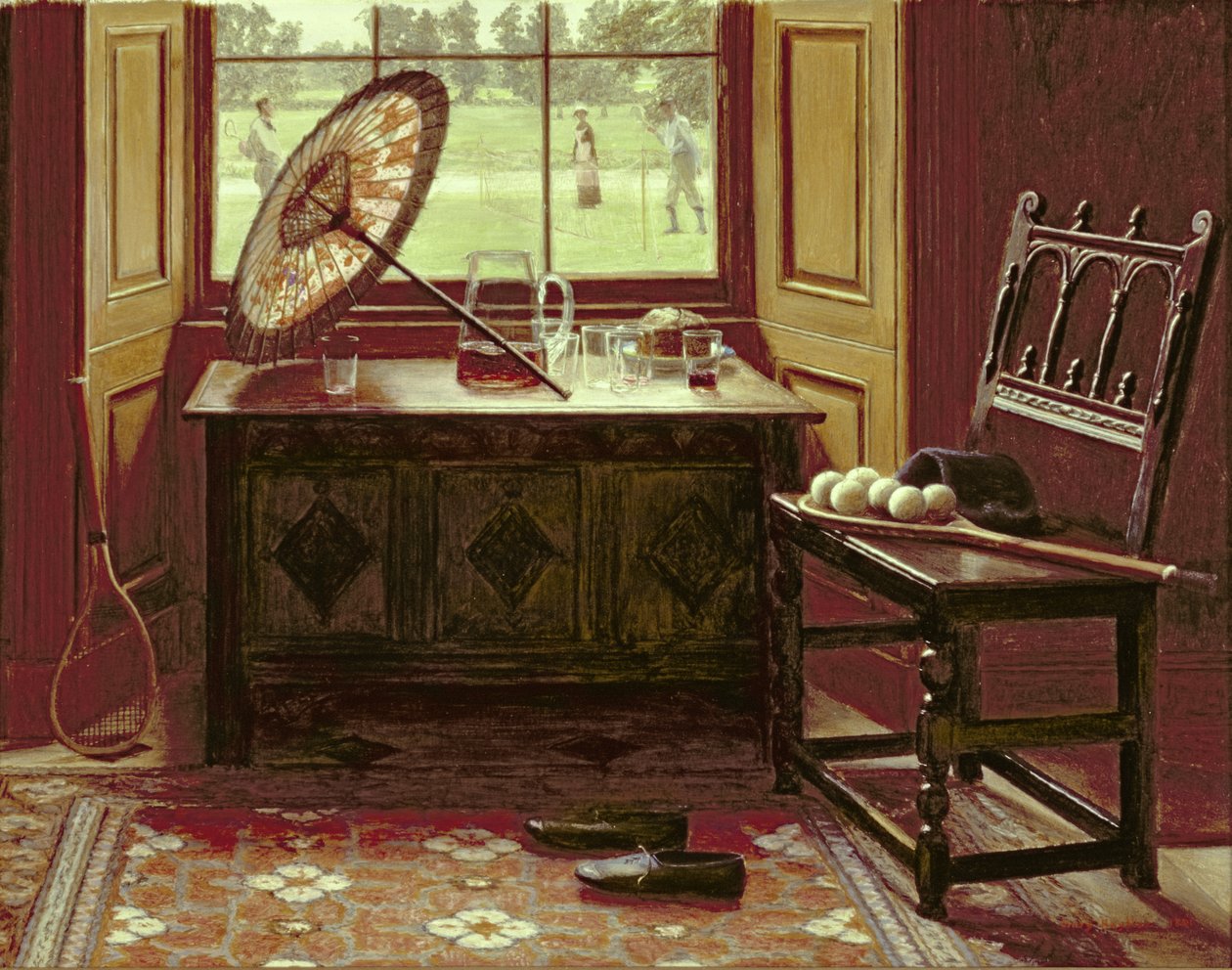 The Lawn Tennis Season, 1881 (olje på kort) av Mary Hayllar