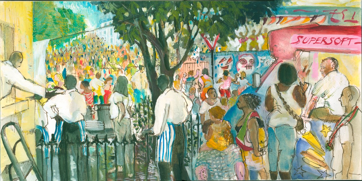 Carnival, Blenheim Crescent, 2007 (penn og våtfarge) av Mary Kuper