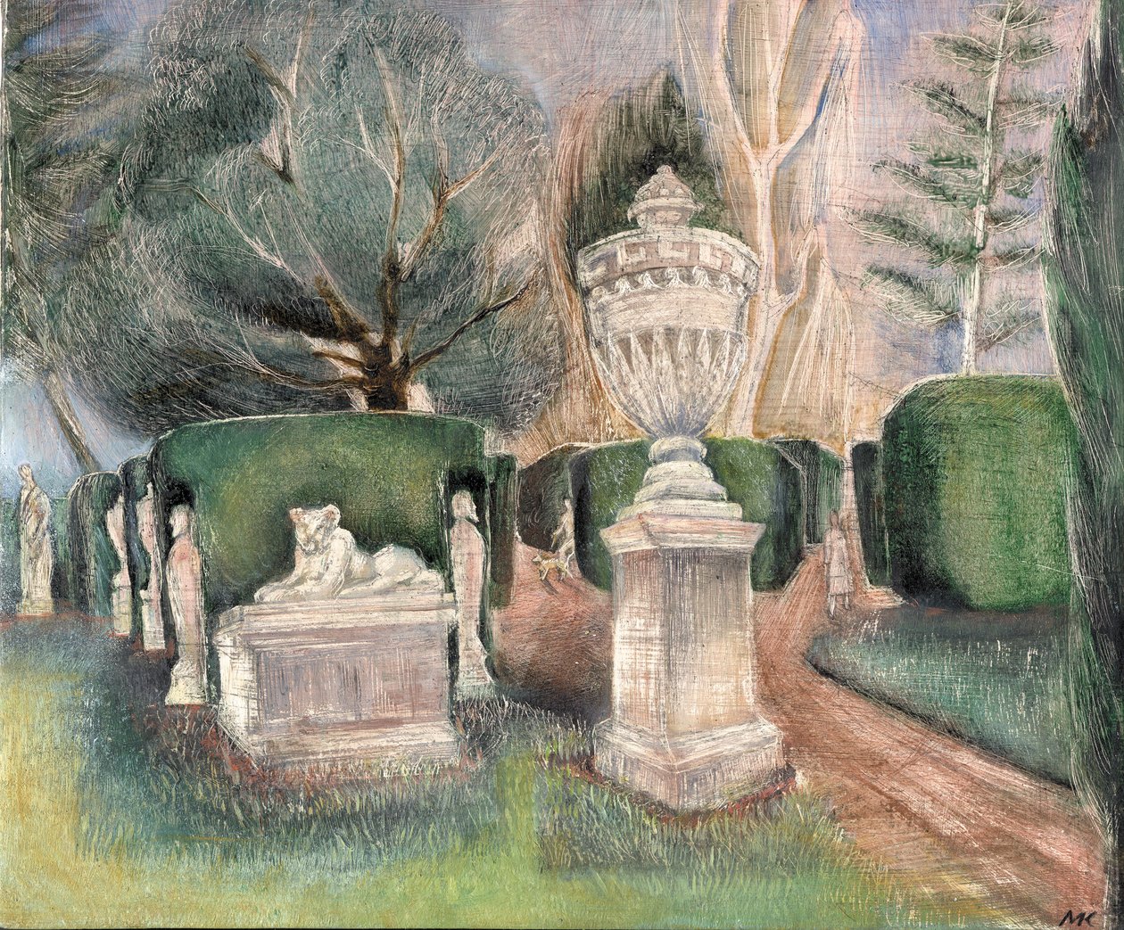 Chiswick House: Statues, 2002 (olje om bord) av Mary Kuper