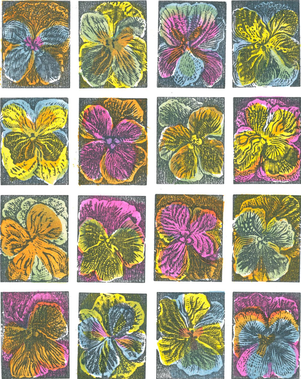 Elektriske stemorsblomster, 2016 (vinylgravering, pochoir) av Mary Kuper