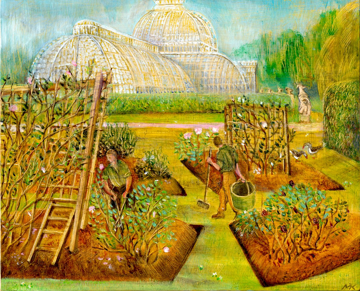 Gardeners, Kew, 2002 (olje om bord) av Mary Kuper