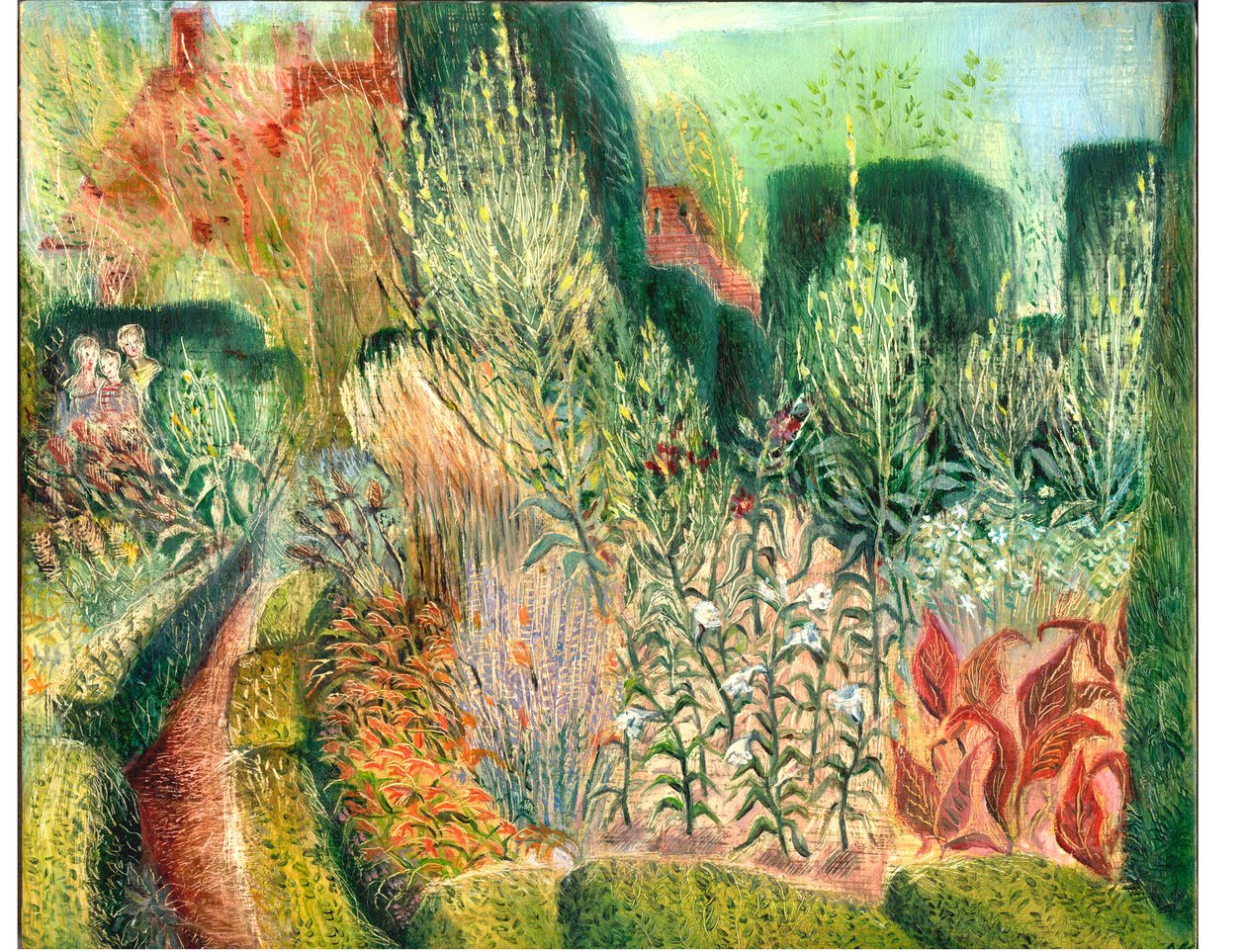 Great Dixter: Topiary and paths, 2003 (olje om bord) av Mary Kuper