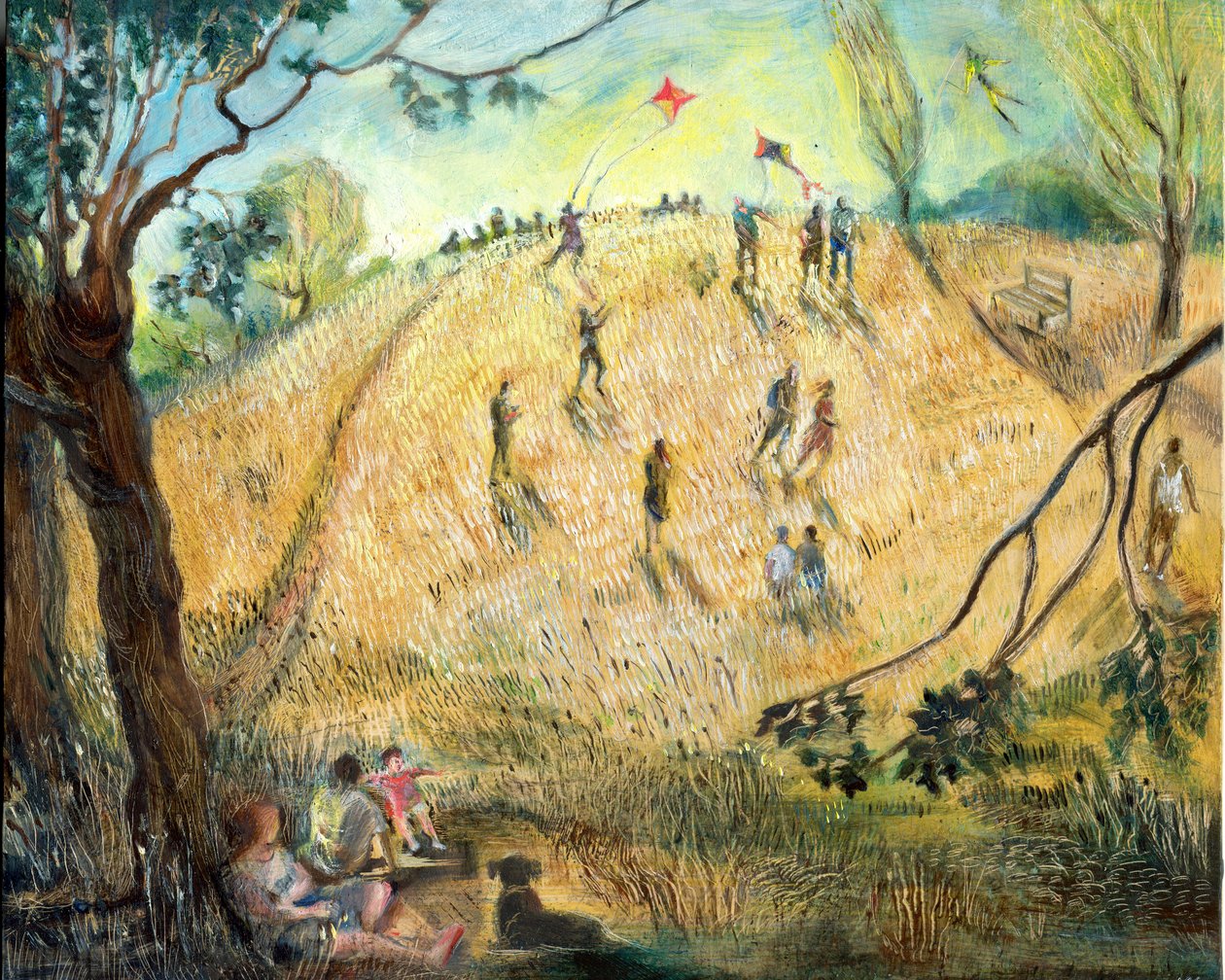 Kites on Parliament Hill, 2003 (olje om bord) av Mary Kuper