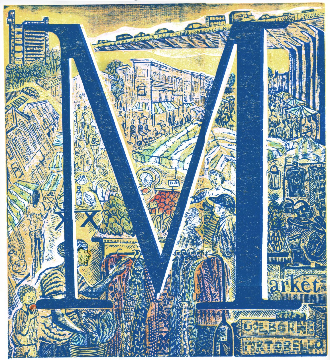 Marked: Portobello og Golborne Road, 2015 (vinylgravering og kollagraf) av Mary Kuper