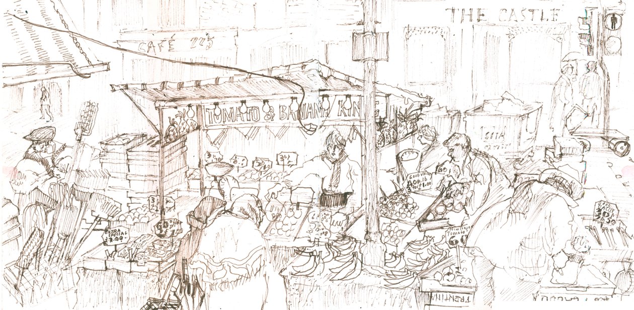 Portobello-markedet, 2006 (penn og blekk) av Mary Kuper