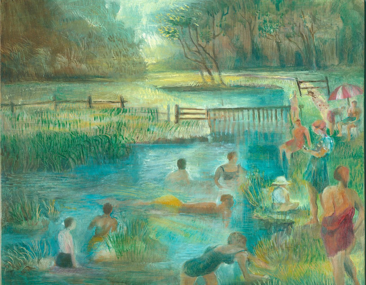 Swimmers, Simonsbath, 2012 (olje om bord) av Mary Kuper