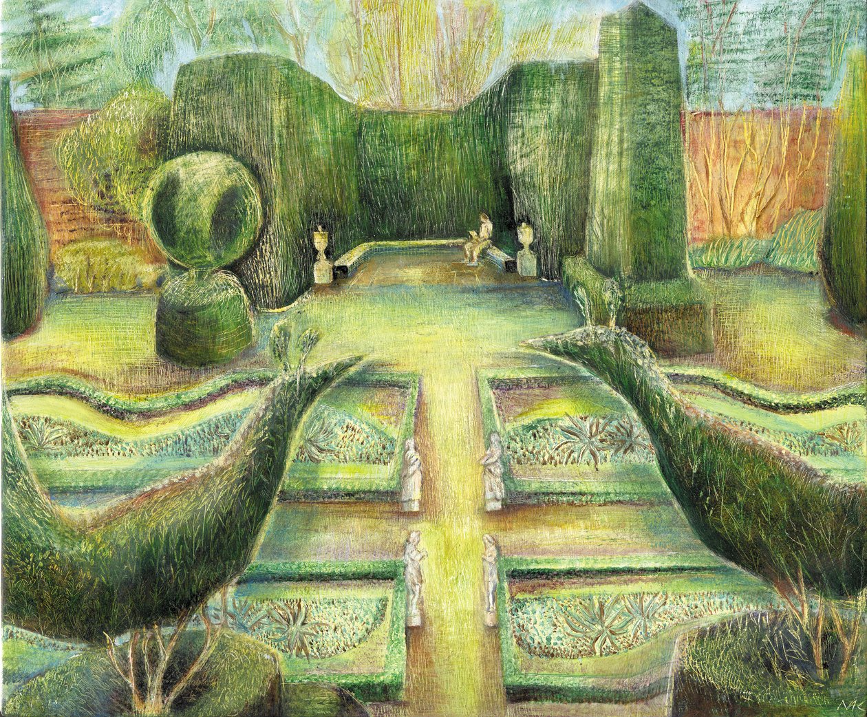 The Long Garden, Cliveden, fugler, 2002 (olje om bord) av Mary Kuper