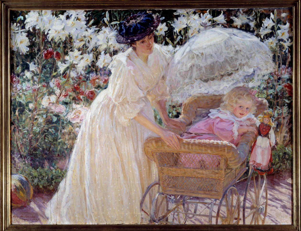 Rose og lilje En mor og hennes lille datter i en barnevogn i en blomsterhage. Maleri av Mary Mac Monnies (1858-1946) 1897 Rouen, Museum of Fine Arts av Mary Louise MacMonnies