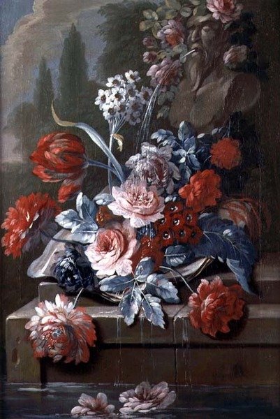 Stilleben av blomster ved en fontene (olje på lerret) (par 121413) av Mary Moser