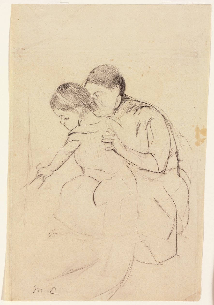Baby med venstre hånd som berører et badekar, holdt av sykepleieren hennes, ca. 1891 av Mary Cassatt