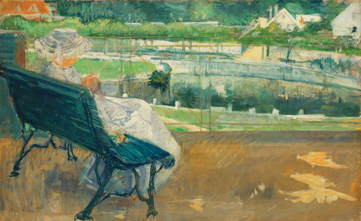 Lydia sitter på en veranda, hekler, ca. 1881 av Mary Cassatt