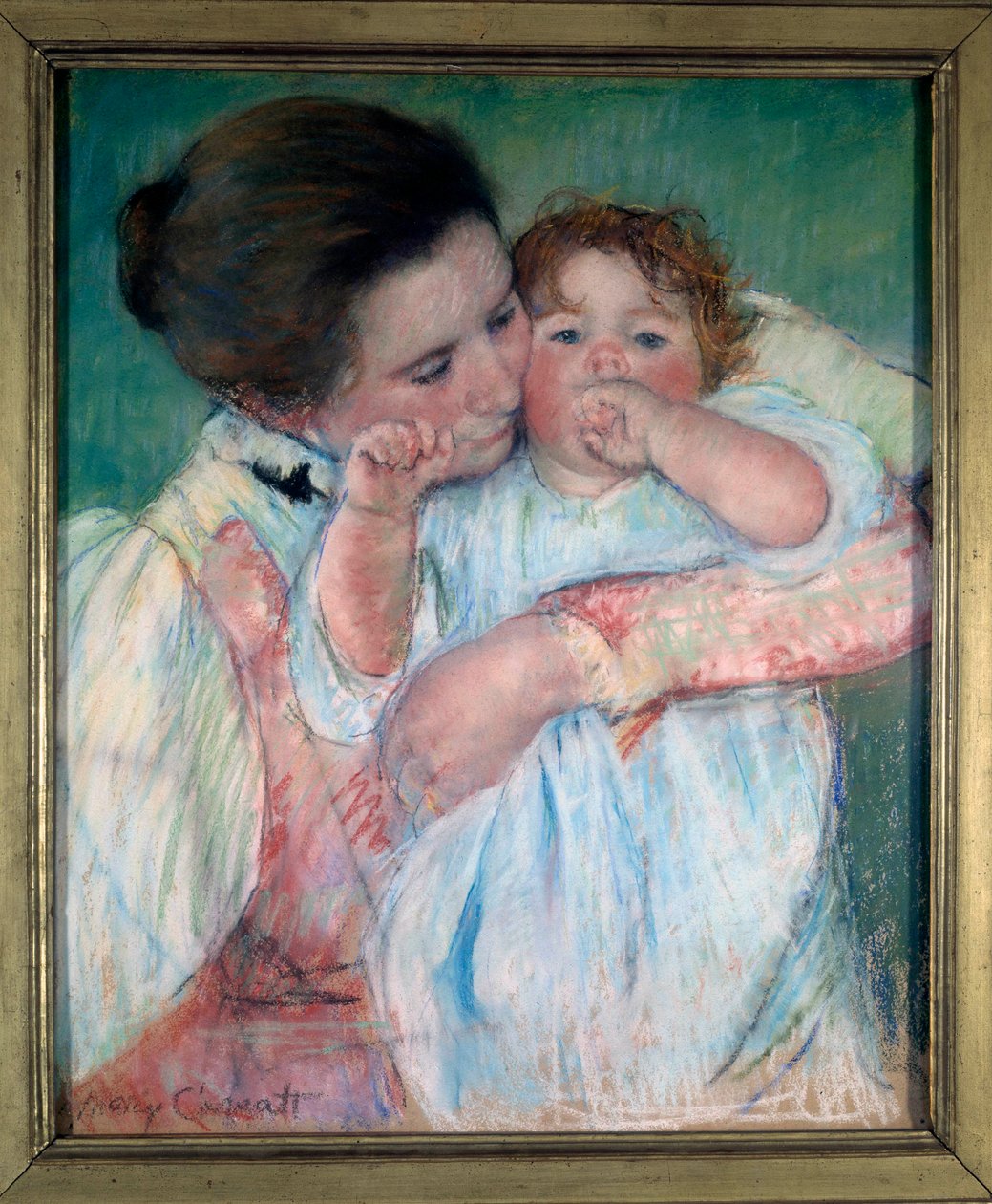 Mor og barn på grønn bakgrunn eller barselmaleri av Mary Cassatt (1844-1926) 1897 Søn. 0,55x0,46 m Paris, musee d