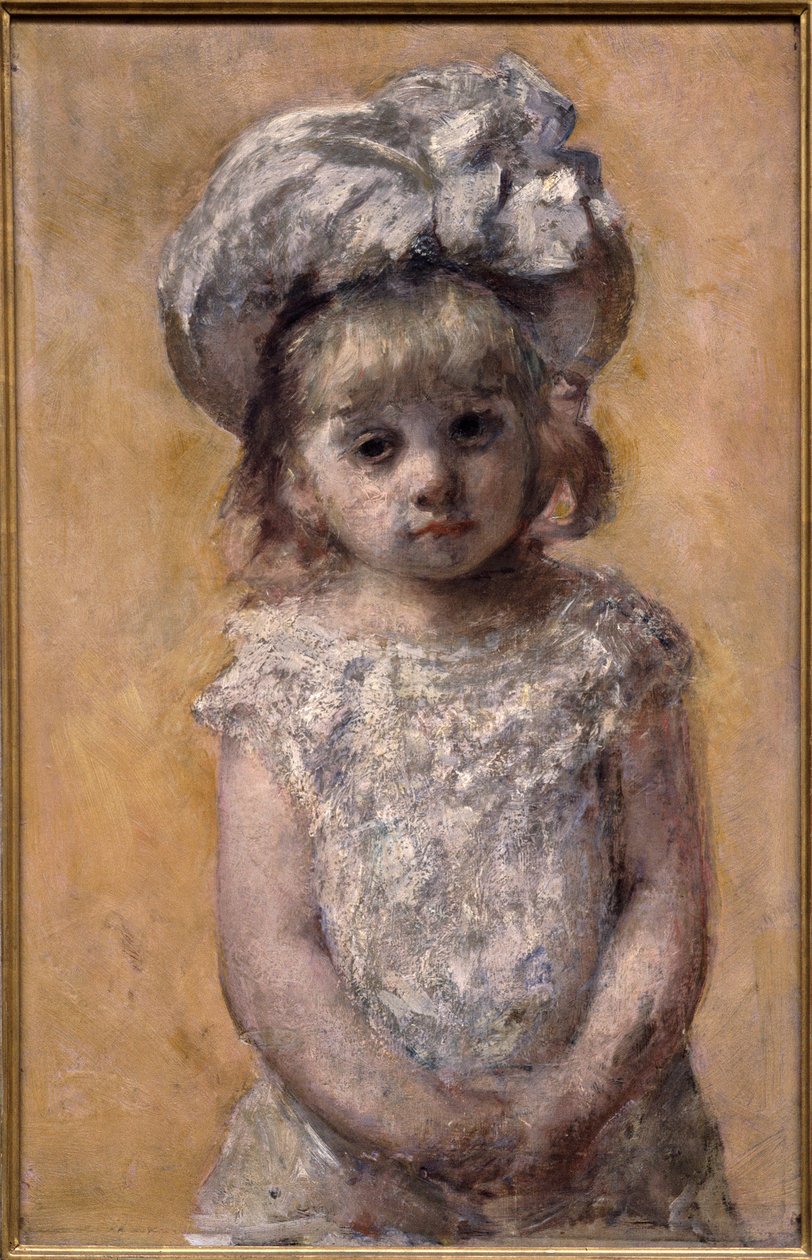 Portrett av jente eller blondekjole. Portrett av en liten jente i en hvit kjole ser trist ut. Maleri av amerikaneren Mary Cassatt (1844-1926) av Mary Stevenson Cassatt