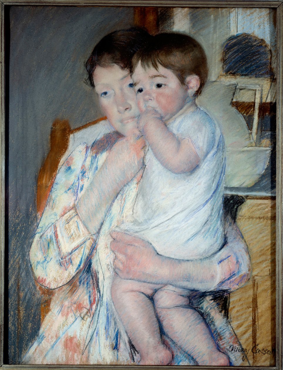 Kvinne og barn foran et nettbrett hvor et syltetøy og en bolle er plassert. Maleri av Mary Cassatt (1844-1926) Ec. Er av Mary Stevenson Cassatt