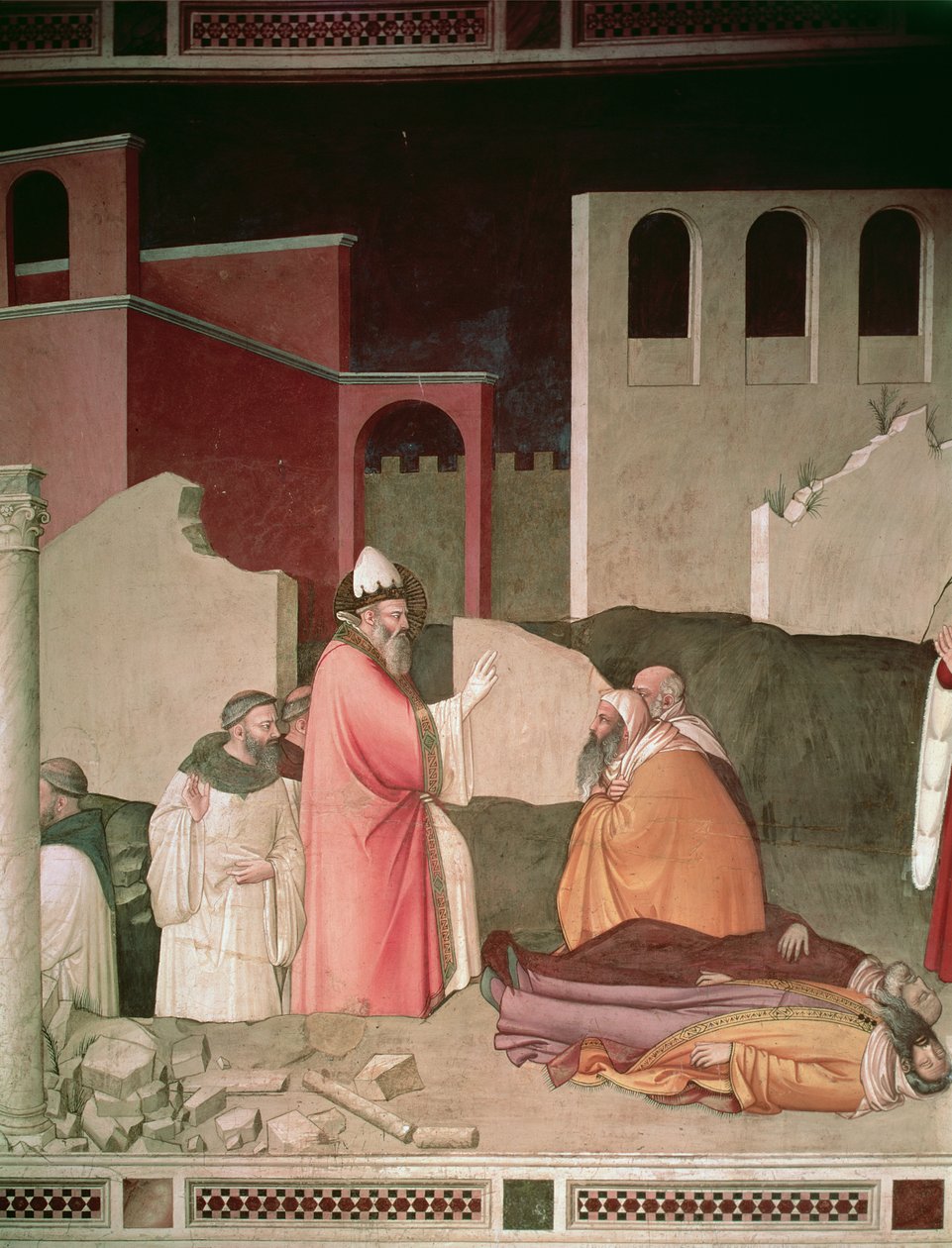 St. Sylvester gjenoppliver to døde romere, detalj fra Bardi-kapellet, ca. 1340 av Maso di Banco