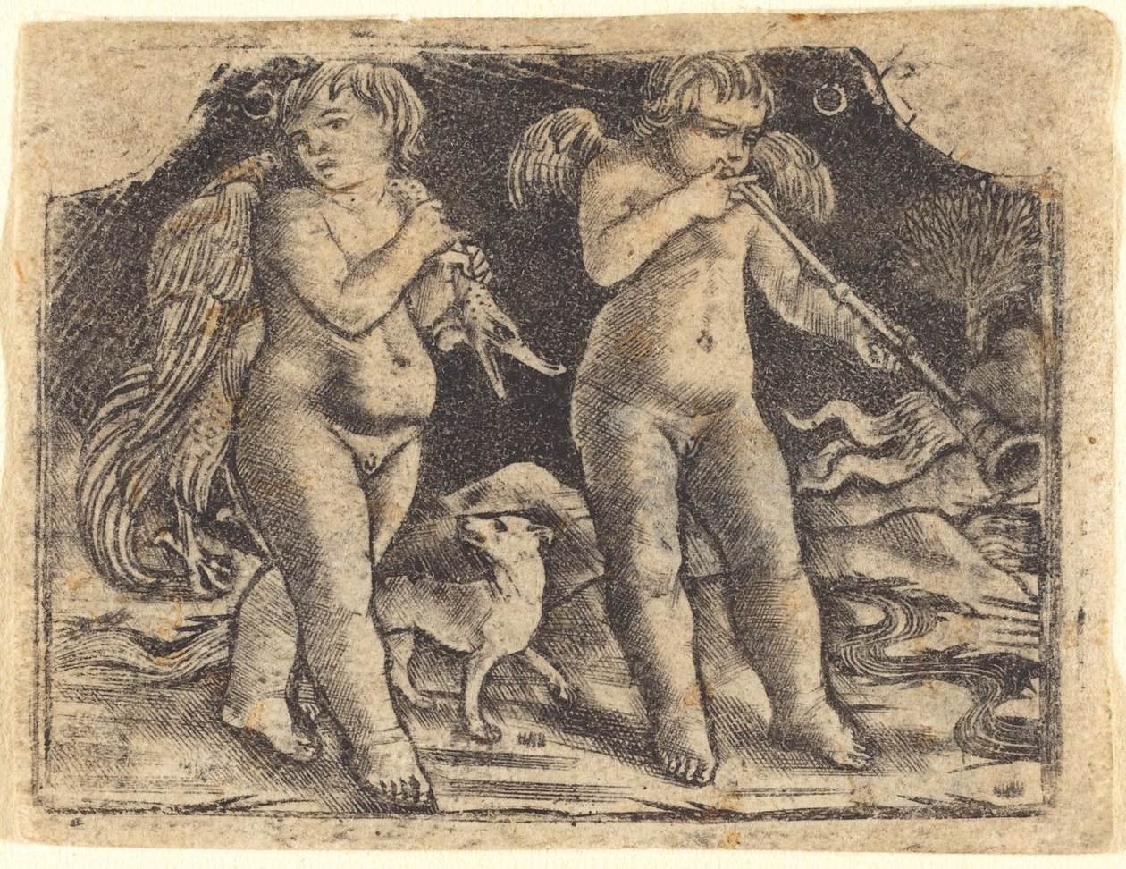 Amor som bærer en fugl akkompagnert av en hund, og en annen amor som spiller trompet av Maso Finiguerra