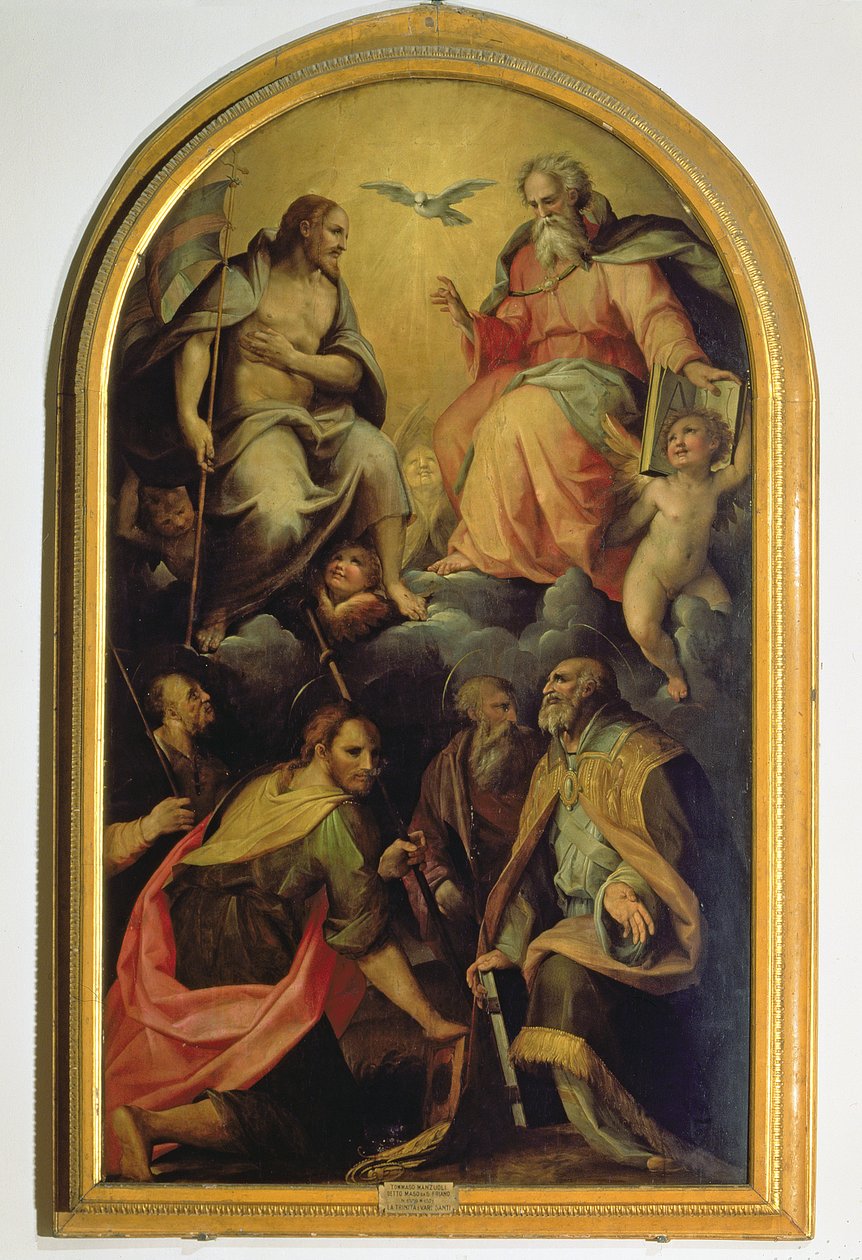 Den hellige treenighet med hellige av Maso da San Friano