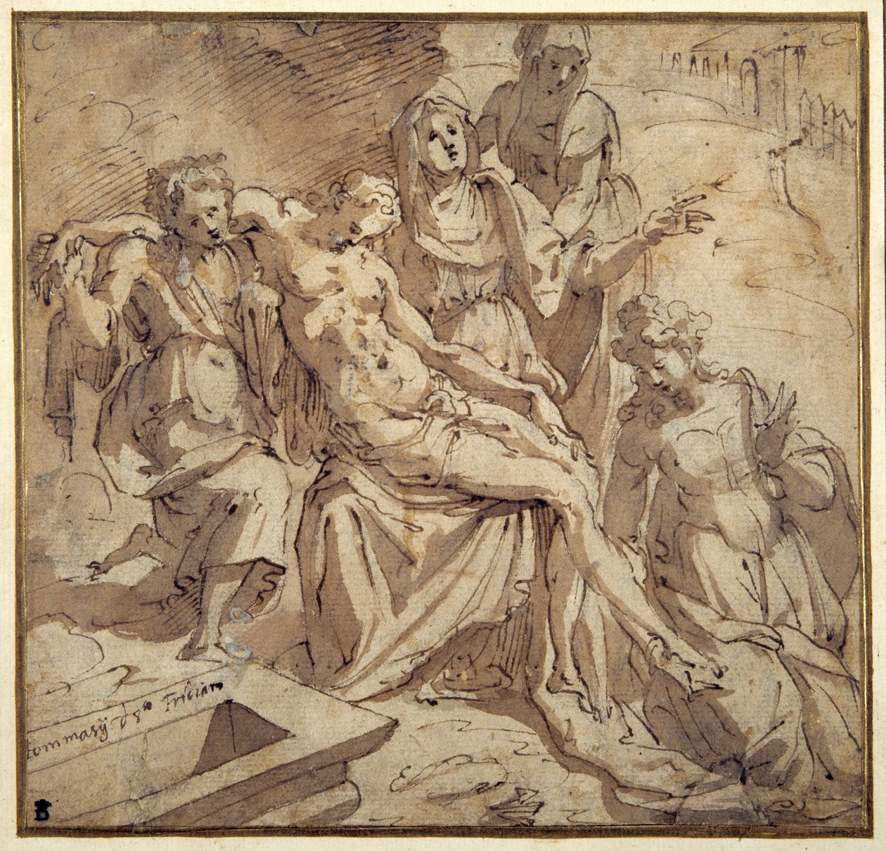 Pietaen (penn og brunt blekk med brun vask på hvitt papir) av Maso da San Friano