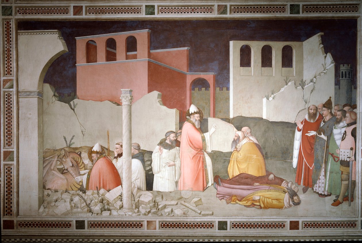 Episoder av nyttårsaften: Pave Saint Sylvester I (Silvester eller Silvestro) (314-335) lukker munnen til dragen (til venstre) og gjenoppliver to magiterrasser ved dragens pust (pave Sylvester I vender bort en drage og gjenoppliver dens ofre) - Fre av Maso di Banco