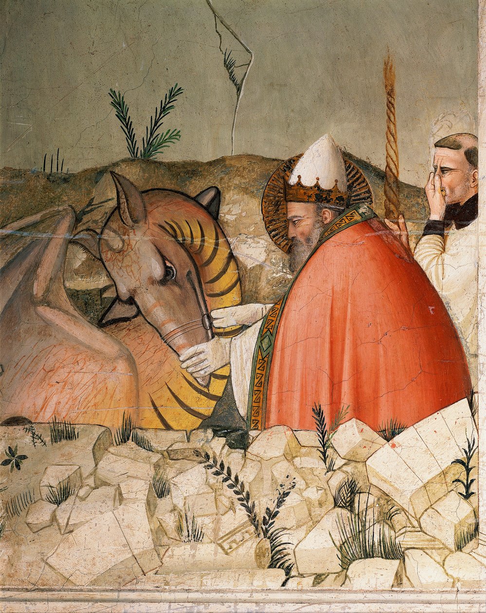 Episoder av livet på nyttårsaften: Pave Saint Sylvester I (Silvester eller Silvestro) (314-335) lukker dragens munn. Detalj. Fresco av Maso di Banco (kjent rundt 1341-1346) Firenze fra 1300-tallet, Chiesa di Santa Croce, Cappella Bardi av Maso di Banco