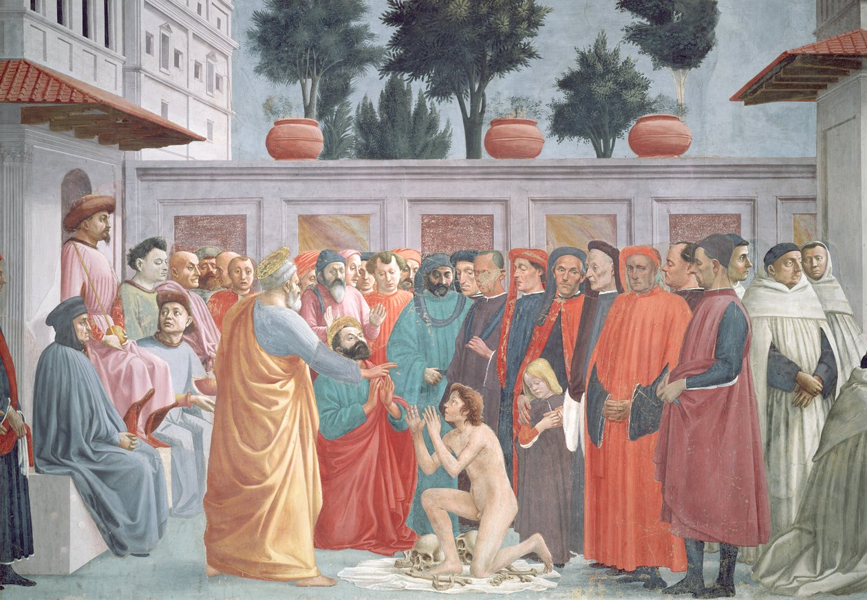 Oppstandelsen til Theophilus, sønnen til kongen av Antiokia, fra nedre venstre register av kapellet, ca. 1425-27, fullført 1484-85 (detalj av 63302) av Filippino Lippi
