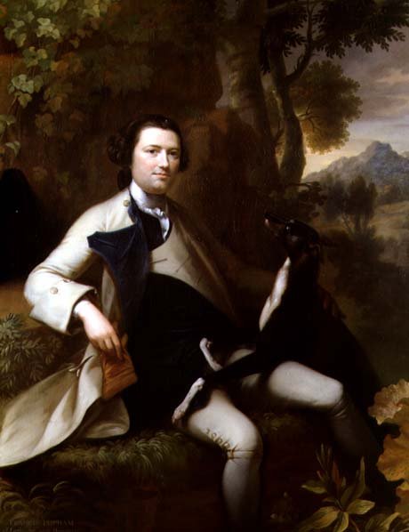 Francis Popham (d.1780) sittende i et skogslandskap med sin Greyhound (olje på lerret) av Mason Chamberlain