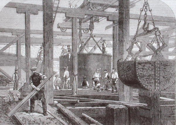 Utsikt over byggearbeid som finner sted ved Blackfriars Bridge for London, Chatham og Dover Railway som viser synkingen av en sylinder for en av de sirkulære steinbryggene av Mason Jackson