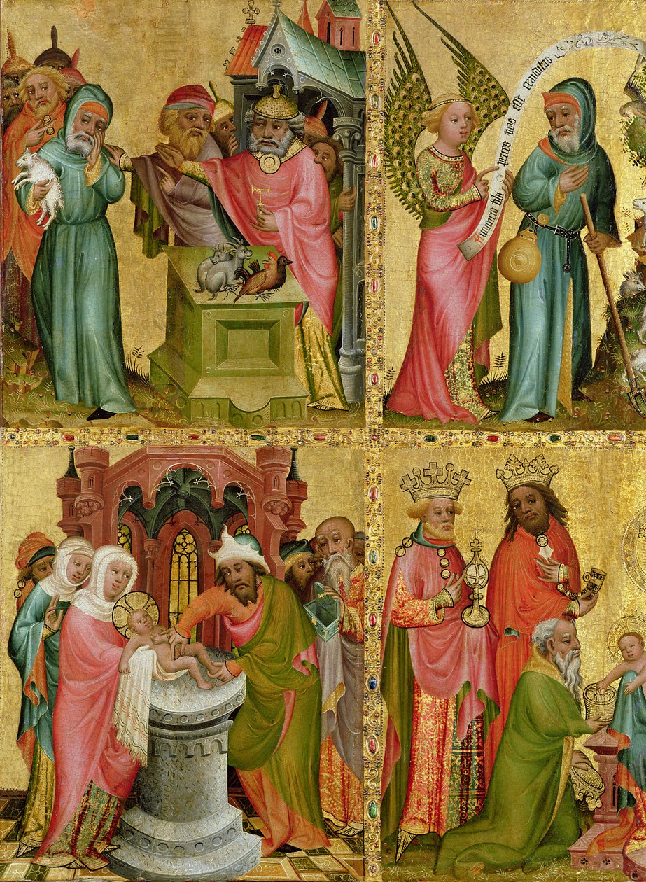 Joachims offer og Kristi omskjæring, fra venstre fløy av Buxtehude-alteret, 1400-10 (tempera på panel) (detalj av 159469) av Master Bertram of Minden