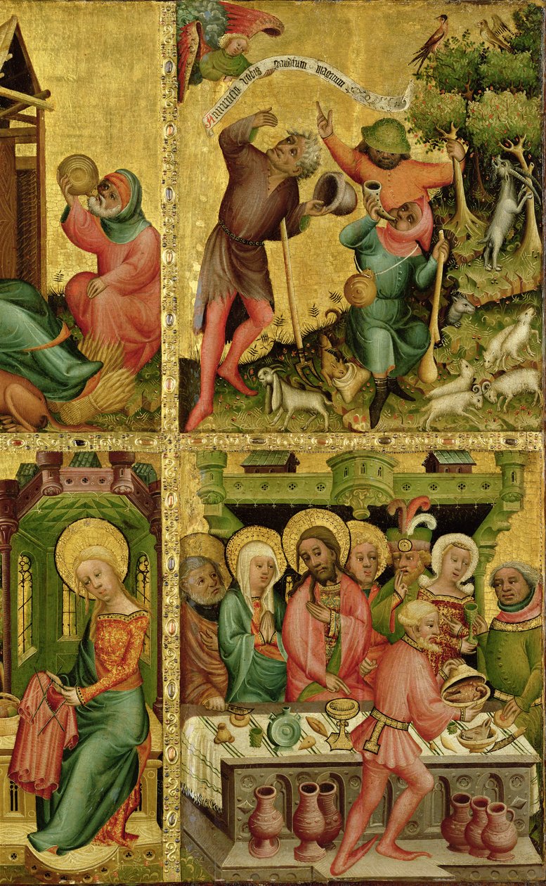 Bebudelsen til hyrdene og ekteskapet i Kana, fra høyre fløy av Buxtehude-alteret, 1400-10 (tempera på eik) av Master Bertram of Minden