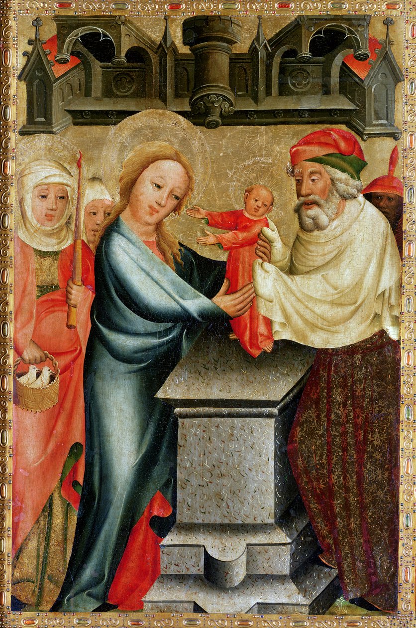 Presentasjonen av Kristus i tempelet, detalj fra Grabow-altertavlen, 1379-83 (tempera på panel) av Master Bertram of Minden