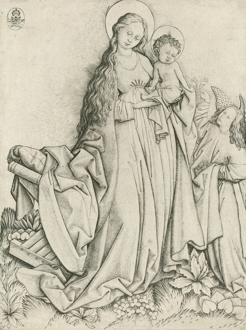 Madonna med Angel Giving Roses av Master E.S.