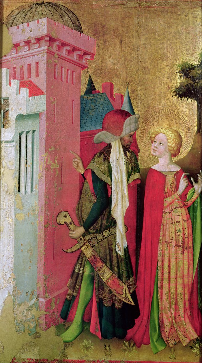 St. Barbara låst inn i et tårn av sin far, fra St. Barbara-altertavlen (tempera og olje på panel) av Master Francke