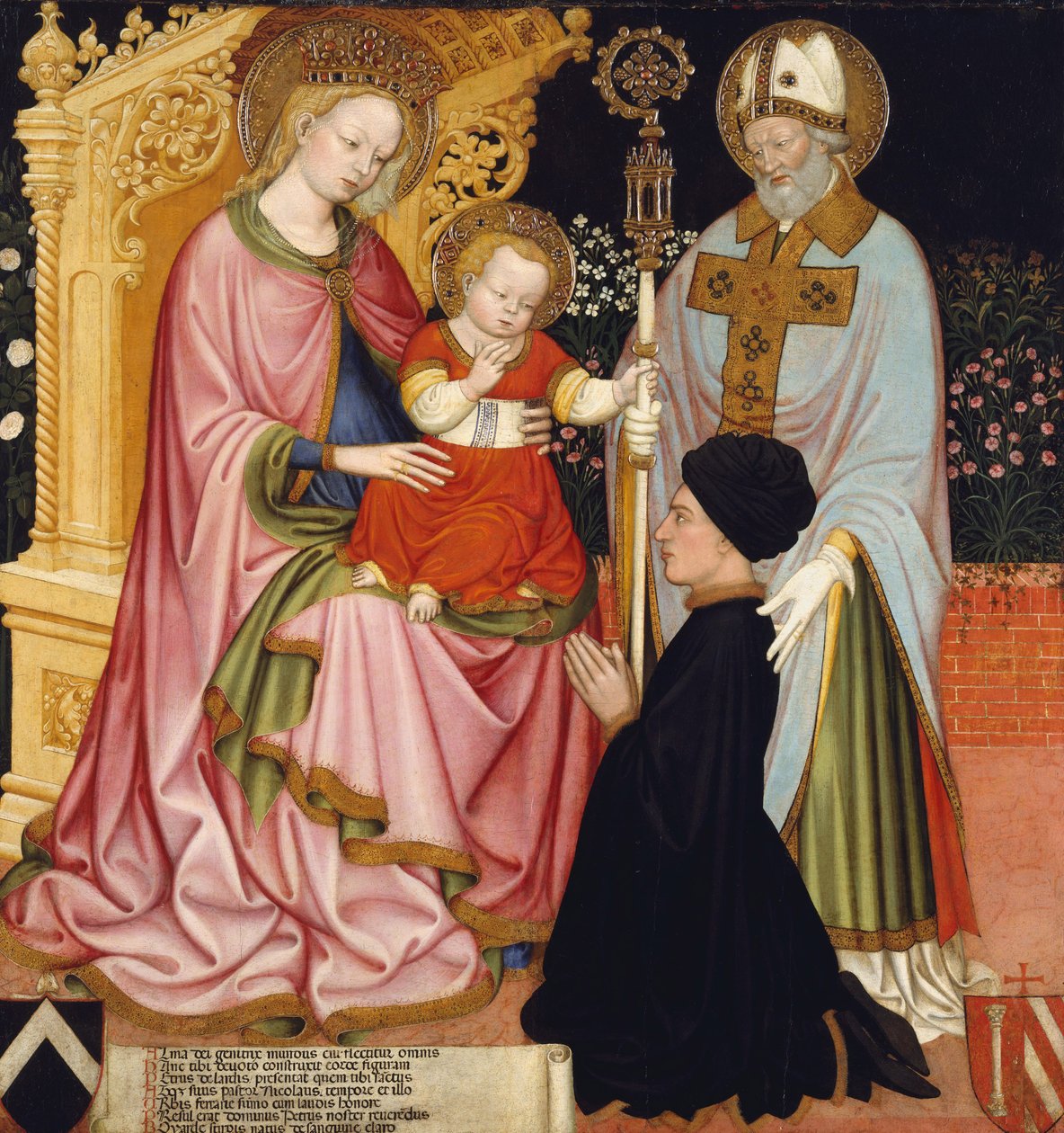Madonna og barn med giveren, Pietro de Lardi, presentert av Saint Nicholas, ca. 1420-30 (tempera og gull på tre) av Master GZ Master GZ