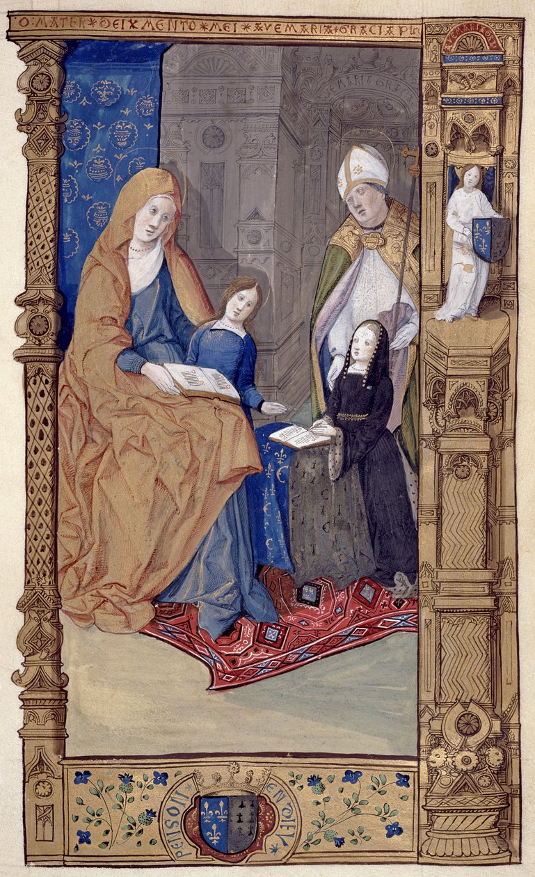 Ms.159.p14 St. Claude presenterer en knelende jente til St. Anne og Jomfruen, fra The Primer of Claude de France, ca. 1500-10 (blekk og gullblekk på pergament) av Master of Antoine de Roche