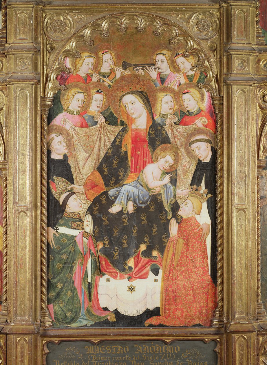 Altertavle som viser jomfruen og barnet med engler, dominikanske hellige og to givere av Master of Archbishop Don Sancho Rojas