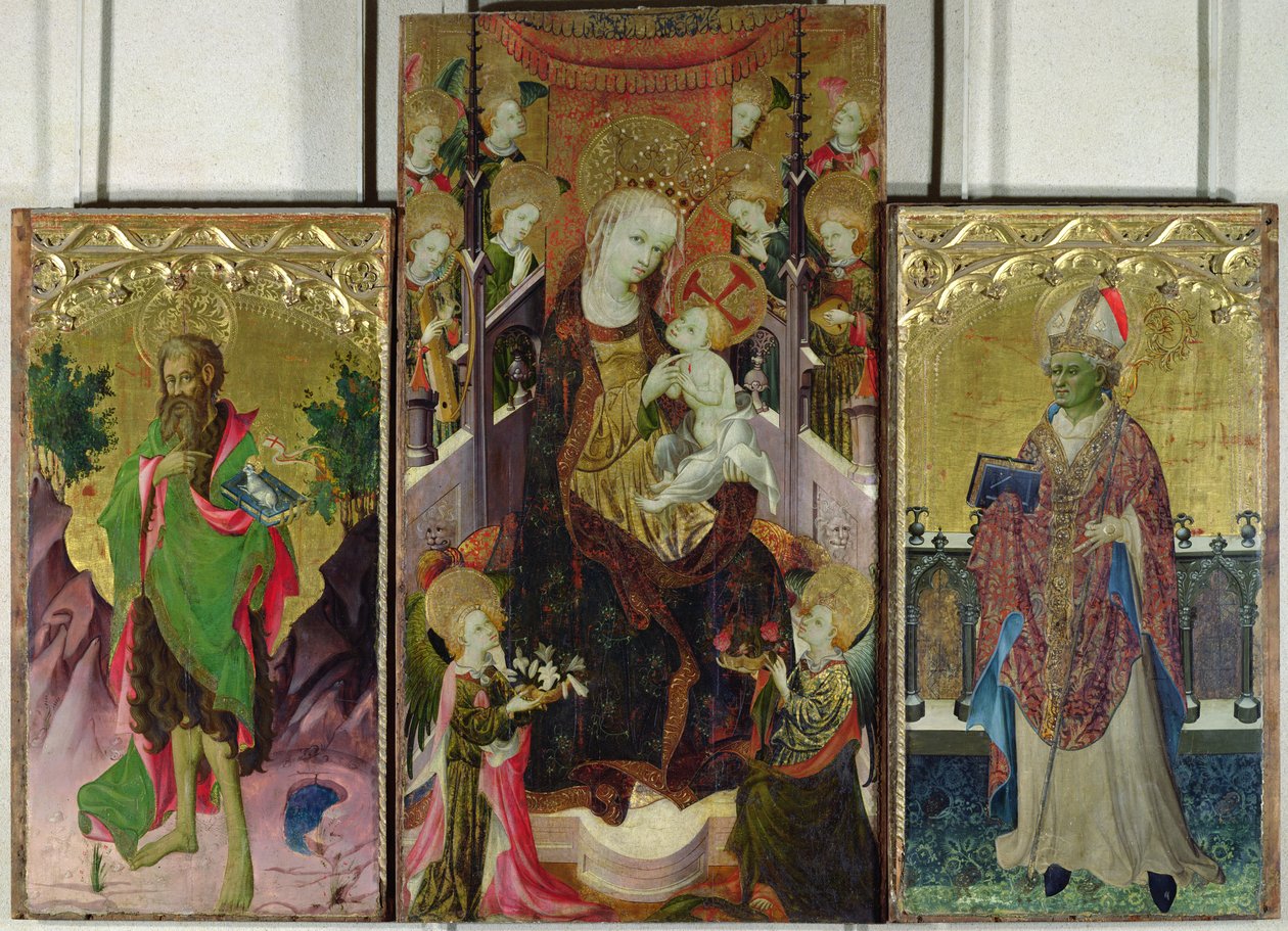 Madonna og barn på tronen omgitt av engler med døperen Johannes og St. Ambrosius, 1400-30 (se 95111 for detaljer) av Master of Burgo de Osma