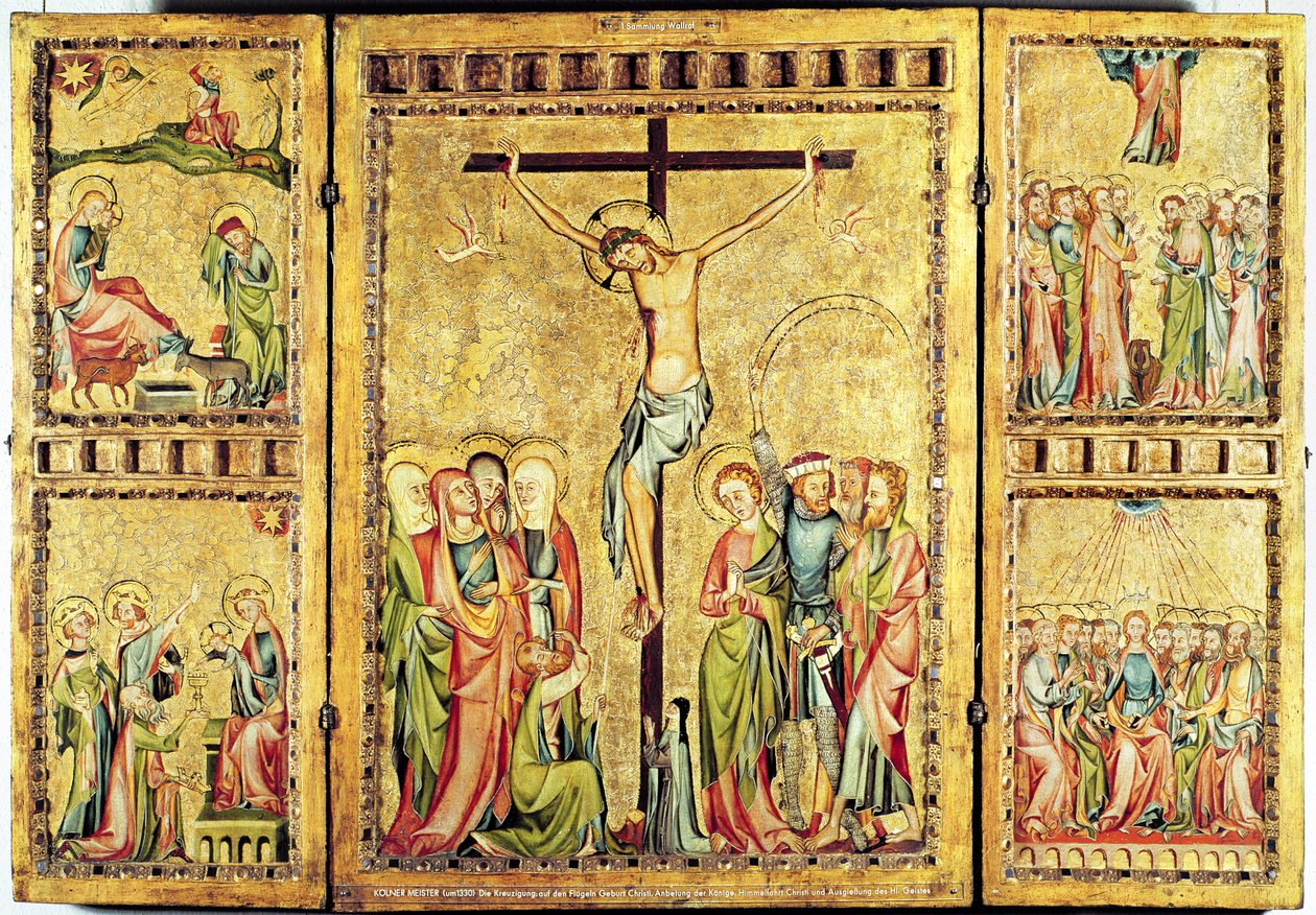 Altertavle med korsfestelsen i midtpanelet og scener fra Kristi liv på sidepanelene, ca. 1330 (panel) av Master of Cologne