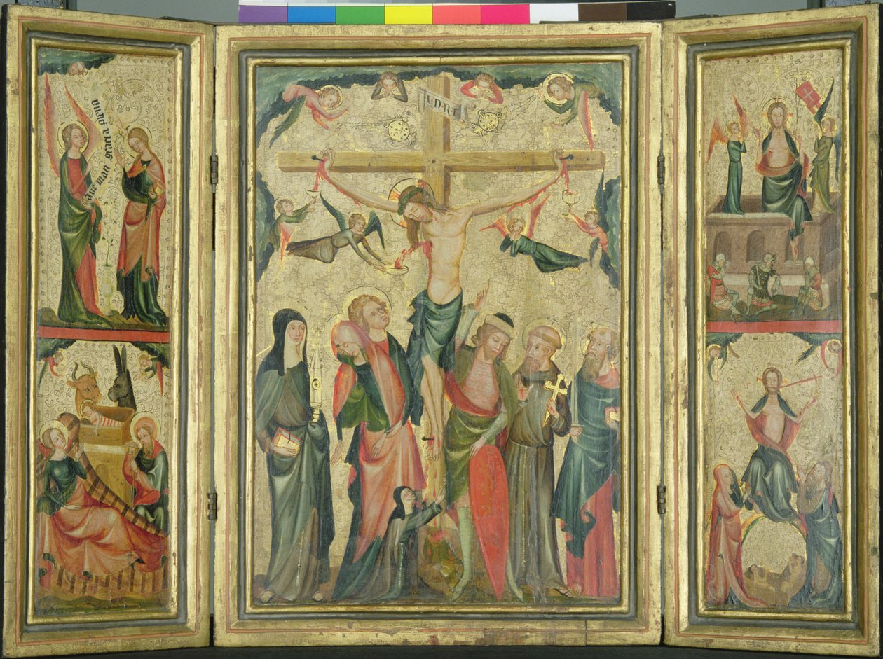 Triptyk som skildrer Kristi korsfestelse, ca. 1350 (tempera og bladgull på panel) (se også 150814) av Master of Cologne