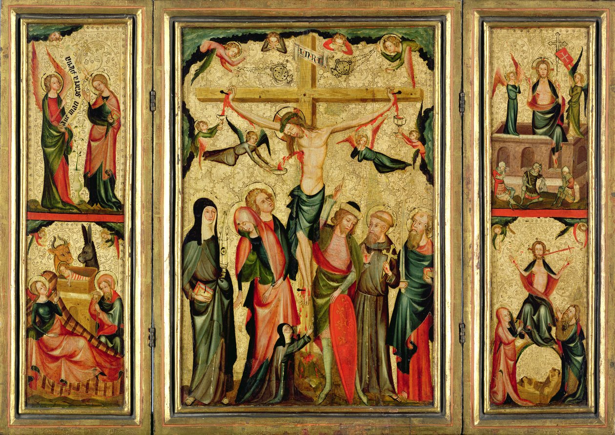 Triptyk som skildrer Kristi korsfestelse, ca. 1350 (tempera og bladgull på panel) (se også 182372) av Master of Cologne