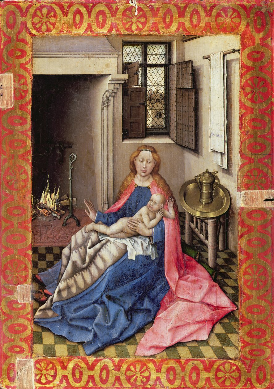 Madonna og barn foran en peis (panel) (del av en diptyk, se 73053) av Master of Flémalle