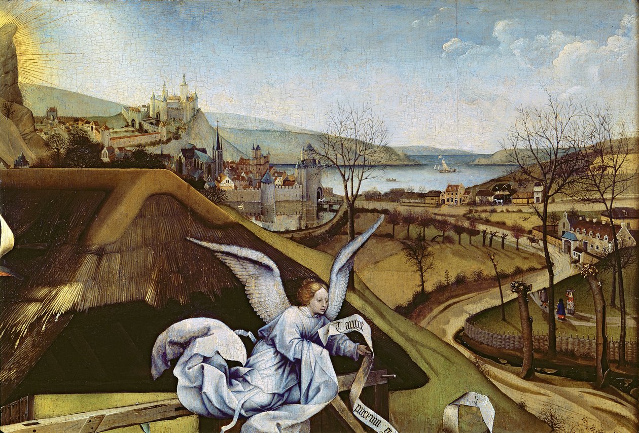Fødsel, detalj av landskapet, ca. 1425 (detalj av 128673) av Master of Flémalle