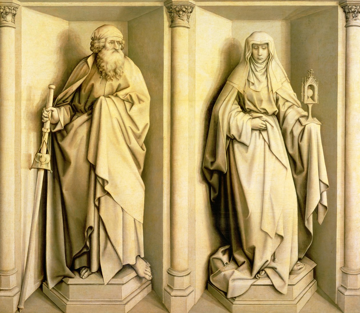 St. James the Great og St. Clare, predella-panel fra The Nuptials of the Virgin (se 53825 for hovedpanel) av Master of Flémalle